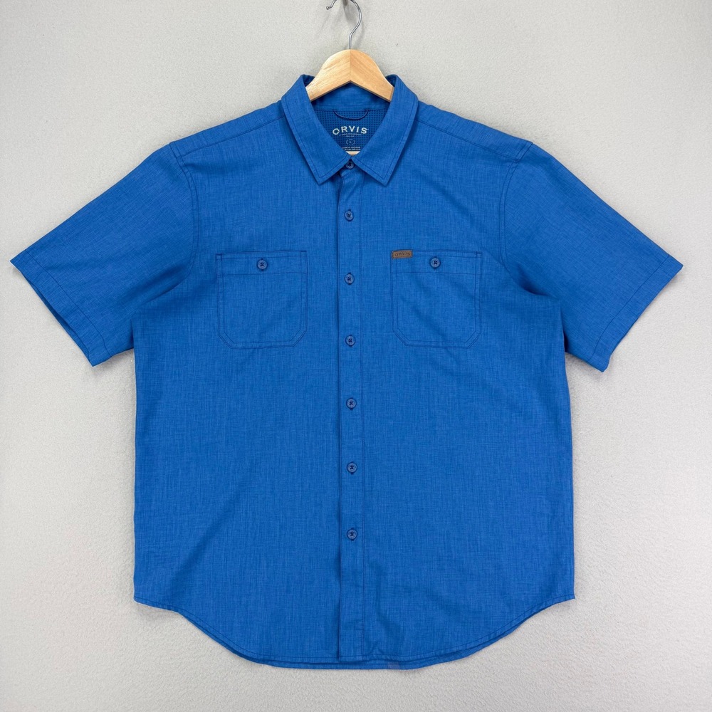 ORVIS Button Up Shirt Mens L Blue Performance Short Sleeve Fishing Camping Trail